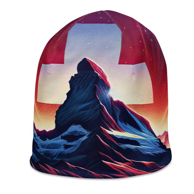 Alpenszene in Dämmerung mit Schweizer Flagge - Beanie (All-Over Print) berge xxx yyy zzz