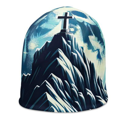 Mondnacht und Gipfelkreuz in den Alpen, glitzernde Schneegipfel - Beanie (All-Over Print) berge xxx yyy zzz