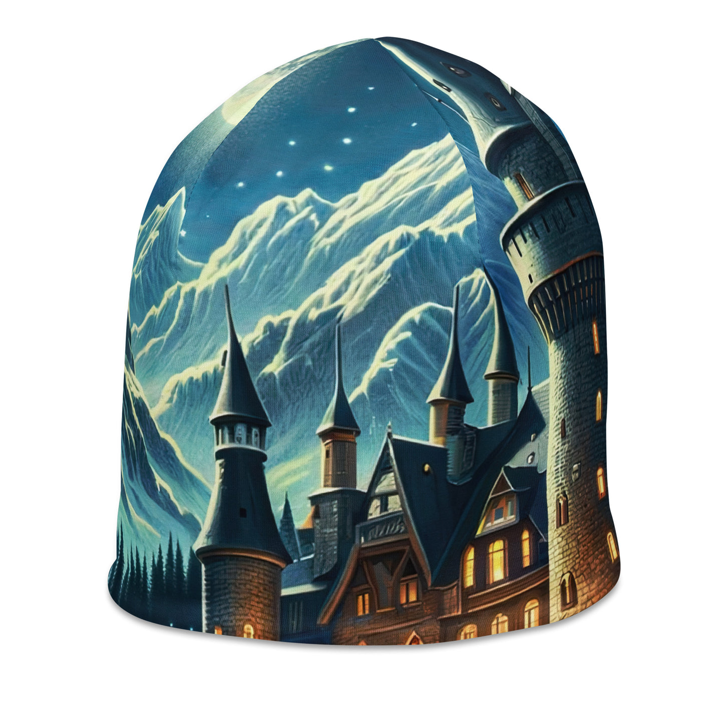 Mondhelle Schlossnacht in den Alpen, sternenklarer Himmel - Beanie (All-Over Print) berge xxx yyy zzz