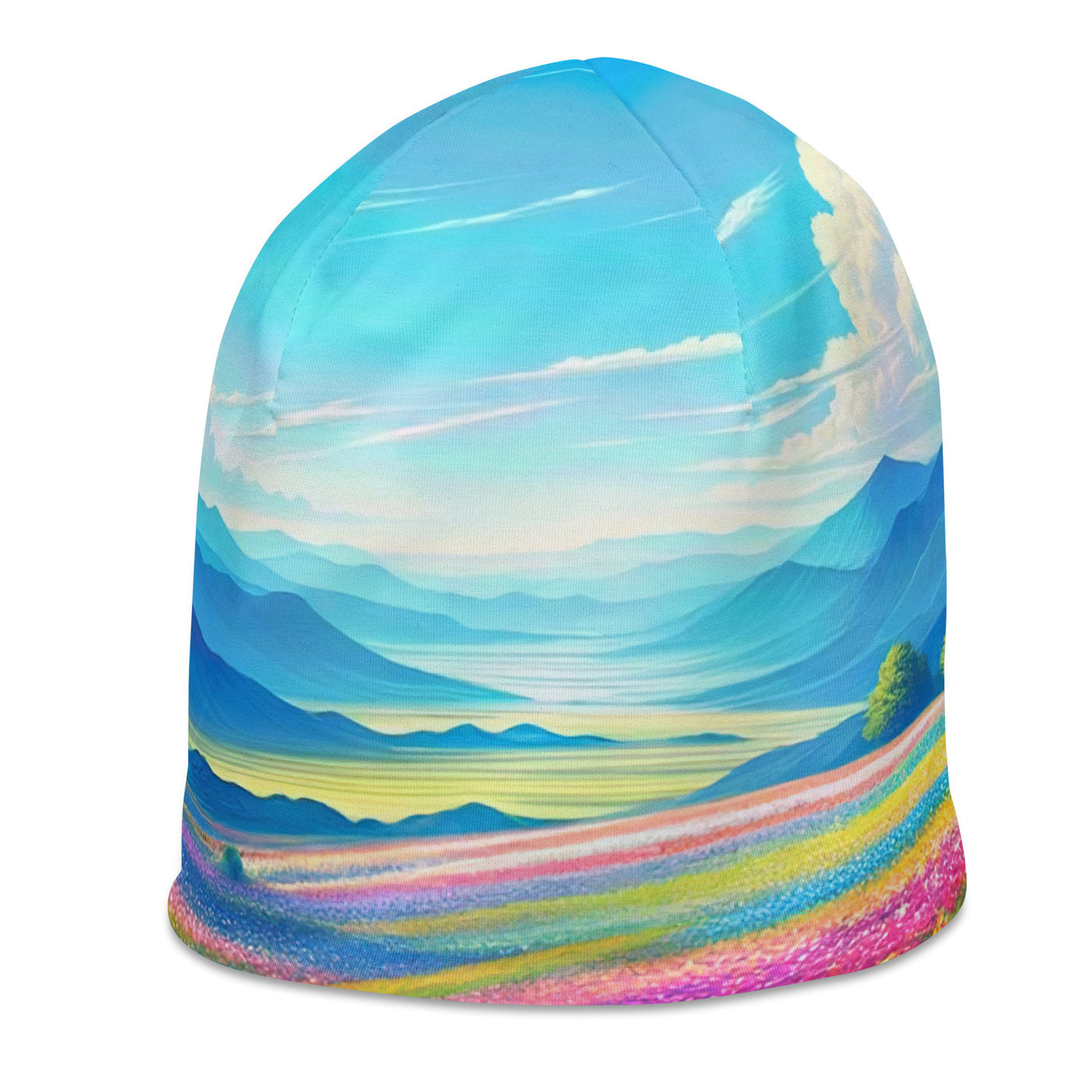 Weitläufiges Blumenfeld unter himmelblauem Himmel, leuchtende Flora - Beanie (All-Over Print) camping xxx yyy zzz