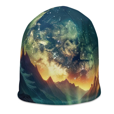 Alpine Wildnis mit Bergdorf unter sternenklarem Nachthimmel - Beanie (All-Over Print) berge xxx yyy zzz