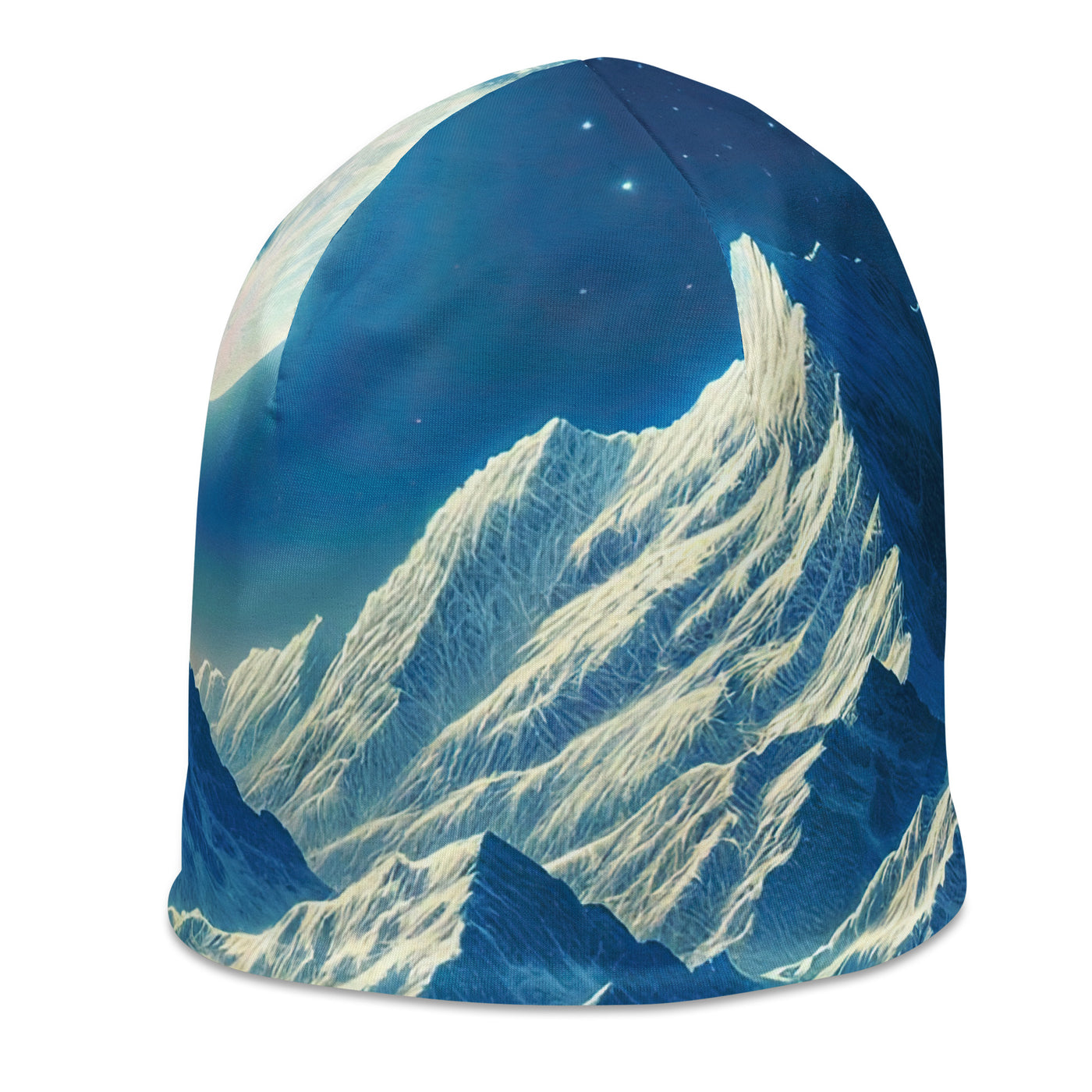 Klare frühlingshafte Alpennacht mit Blumen und Vollmond über Schneegipfeln - Beanie (All-Over Print) berge xxx yyy zzz