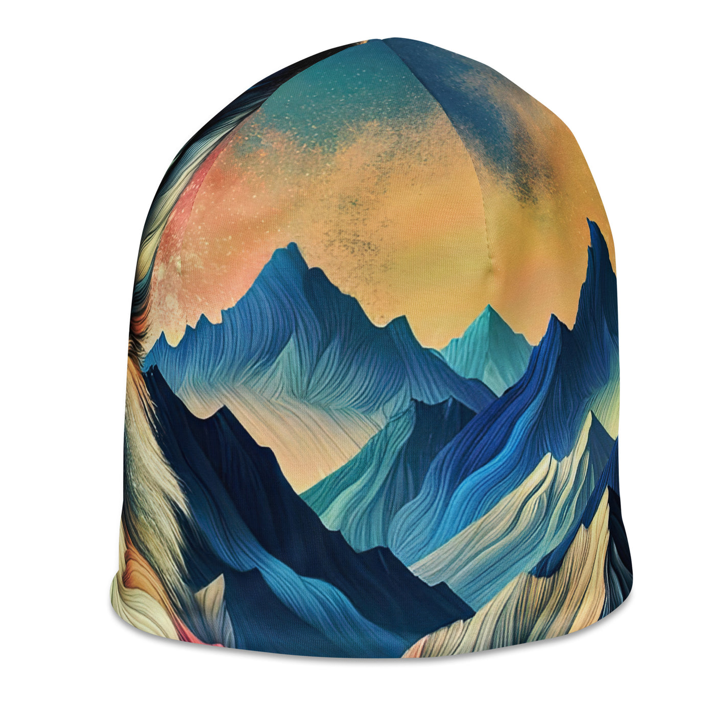 Traumhaftes Alpenpanorama mit Wolf in wechselnden Farben und Mustern (AN) - Beanie (All-Over Print) xxx yyy zzz