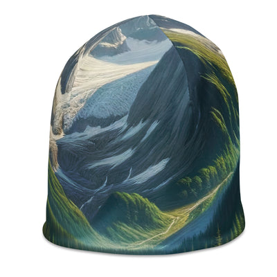 Ölgemälde der Alpensommerlandschaft mit Zelt, Gipfeln, Wäldern und Bächen - Beanie (All-Over Print) camping xxx yyy zzz