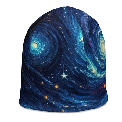 Sternennacht über den Alpen inspiriertes Ölgemälde, mystischer Nachthimmel in Blau - Beanie (All-Over Print) camping xxx yyy zzz