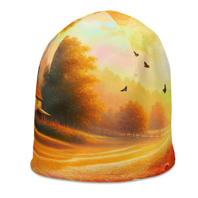 Ölgemälde eines Blumenfeldes im Sonnenuntergang, leuchtende Farbpalette - Beanie (All-Over Print) camping xxx yyy zzz