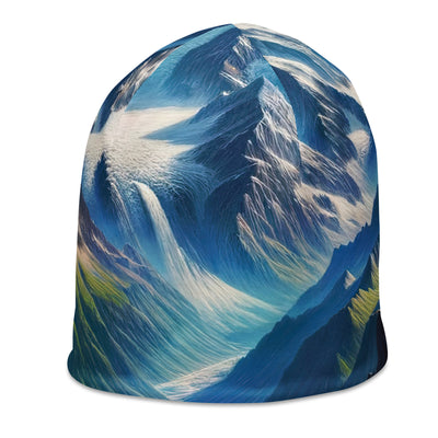 Panorama-Ölgemälde der Alpen mit schneebedeckten Gipfeln und schlängelnden Flusstälern - Beanie (All-Over Print) berge xxx yyy zzz