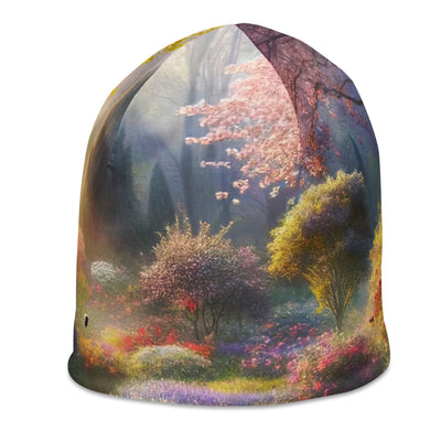 Foto einer Gartenszene im Frühling mit Weg durch blühende Rosen und Veilchen - Beanie (All-Over Print) camping xxx yyy zzz