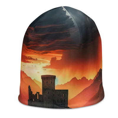 Foto einer Alpenburg bei stürmischem Sonnenuntergang, dramatische Wolken und Sonnenstrahlen - Beanie (All-Over Print) berge xxx yyy zzz