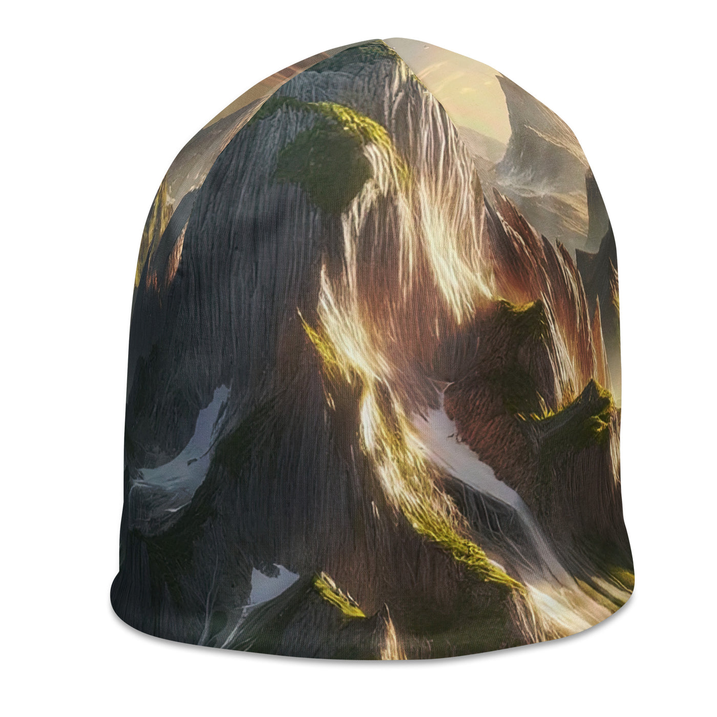 Fotorealistisches Bild der Alpen mit österreichischer Flagge, scharfen Gipfeln und grünen Tälern - Beanie (All-Over Print) berge xxx yyy zzz