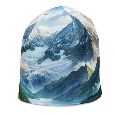 Quadratisches Aquarell der Alpen, Berge mit schneebedeckten Spitzen - Beanie (All-Over Print) berge xxx yyy zzz