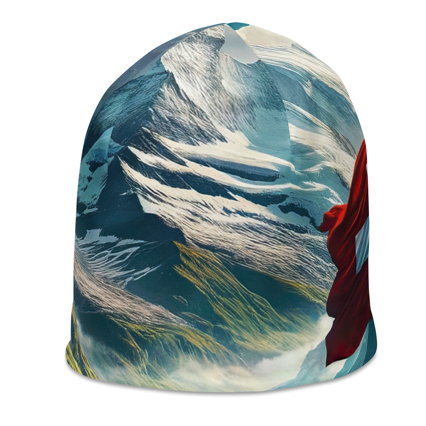 Ultraepische, fotorealistische Darstellung der Schweizer Alpenlandschaft mit Schweizer Flagge - Beanie (All-Over Print) berge xxx yyy zzz