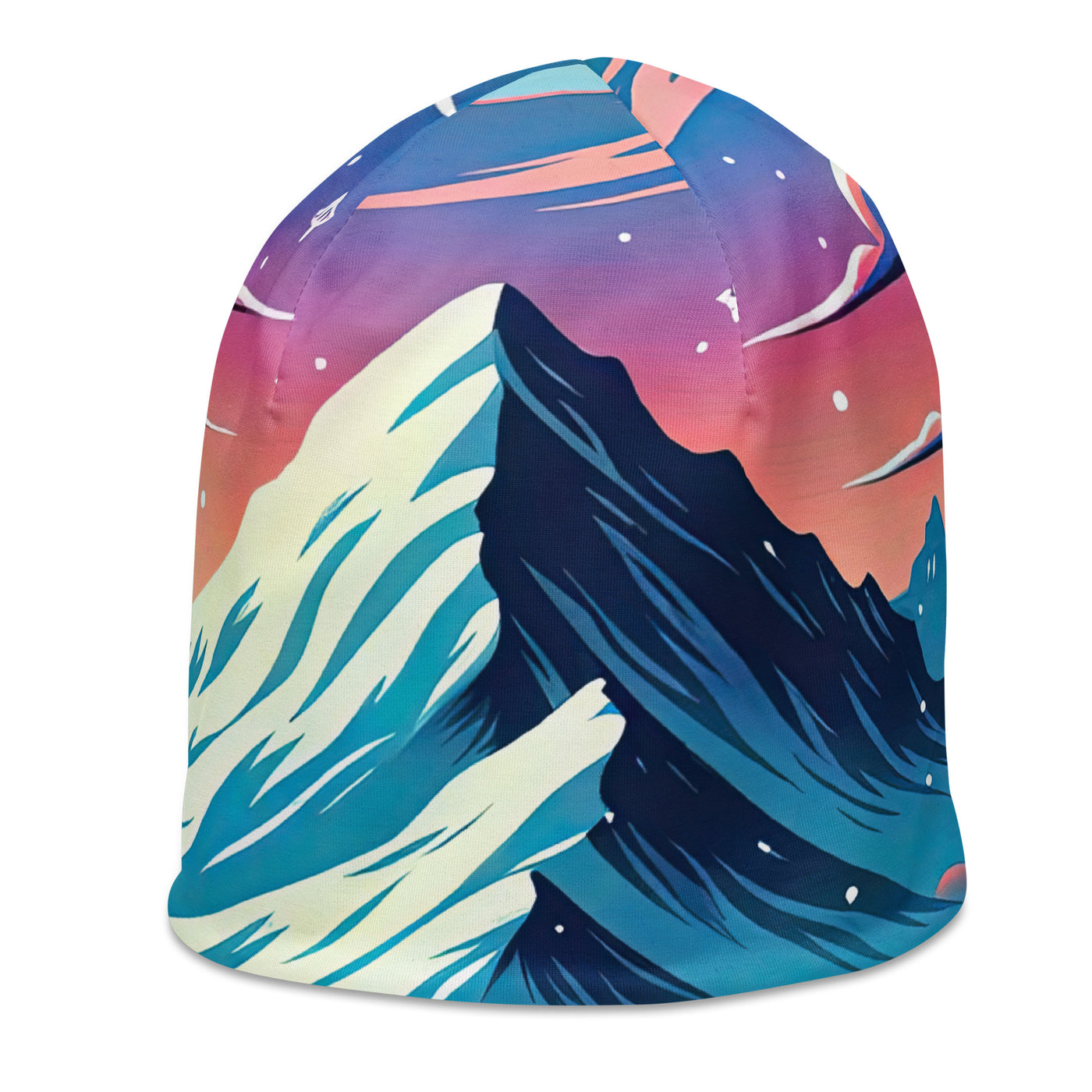 Vektorgrafik eines alpinen Winterwunderlandes mit schneebedeckten Kiefern und einem Fuchs - Beanie (All-Over Print) camping xxx yyy zzz