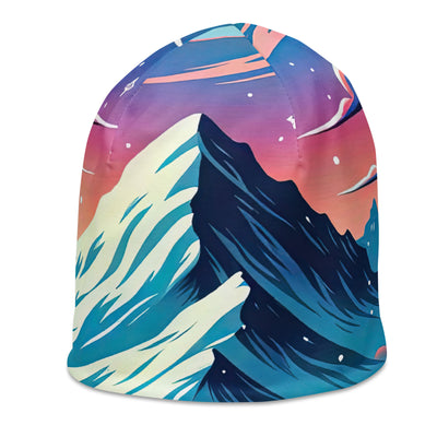 Vektorgrafik eines alpinen Winterwunderlandes mit schneebedeckten Kiefern und einem Fuchs - Beanie (All-Over Print) camping xxx yyy zzz