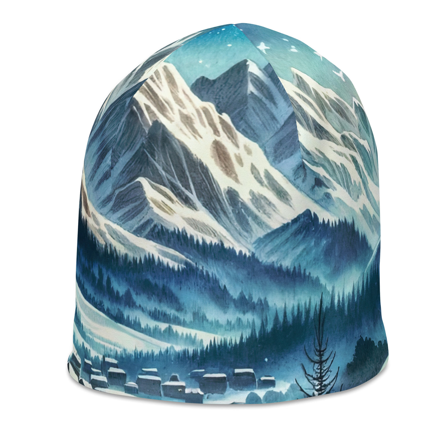 Aquarell eines Winterabends in den Alpen mit Lagerfeuer und Wanderern, glitzernder Neuschnee - Beanie (All-Over Print) camping xxx yyy zzz