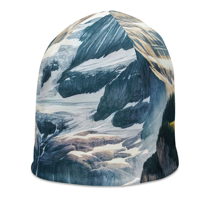 Aquarell-Panoramablick der Alpen mit schneebedeckten Gipfeln, Wasserfällen und Wanderern - Beanie (All-Over Print) wandern xxx yyy zzz