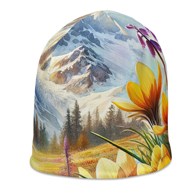 Aquarell einer ruhigen Almwiese, farbenfrohe Bergblumen in den Alpen - Beanie (All-Over Print) berge xxx yyy zzz