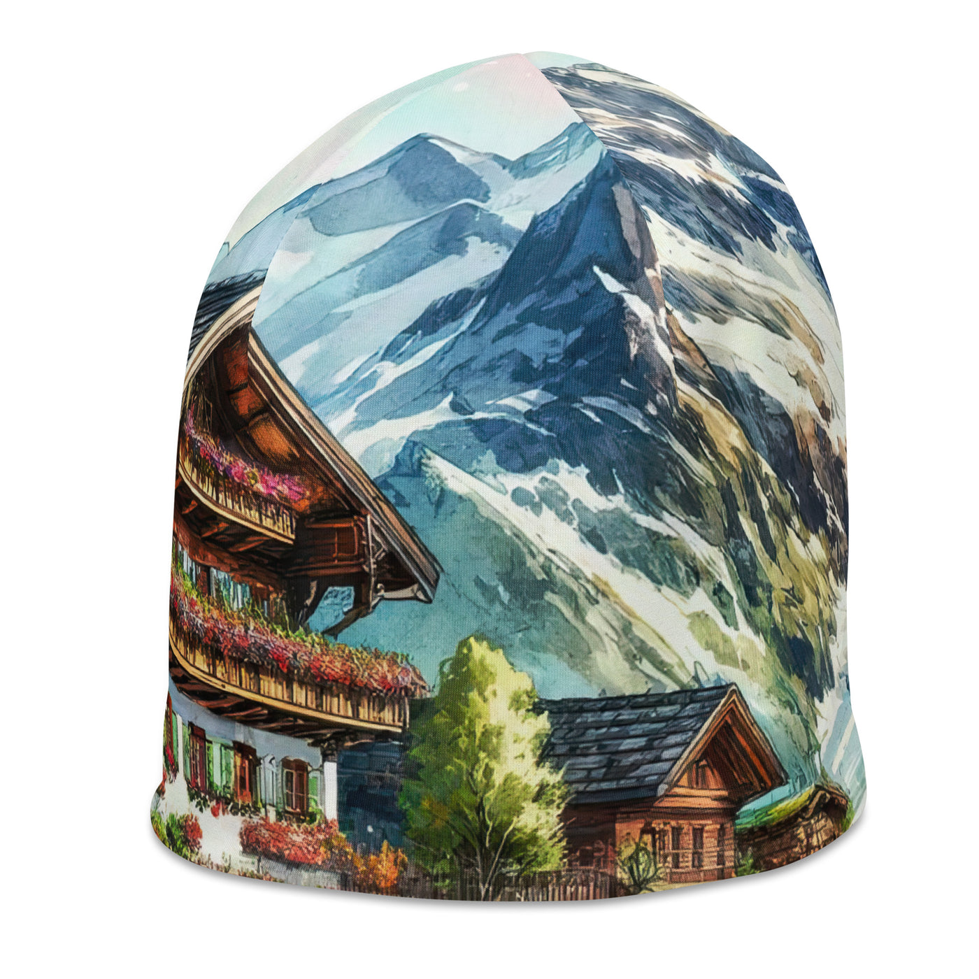 Aquarell der frühlingshaften Alpenkette mit österreichischer Flagge und schmelzendem Schnee - Beanie (All-Over Print) berge xxx yyy zzz