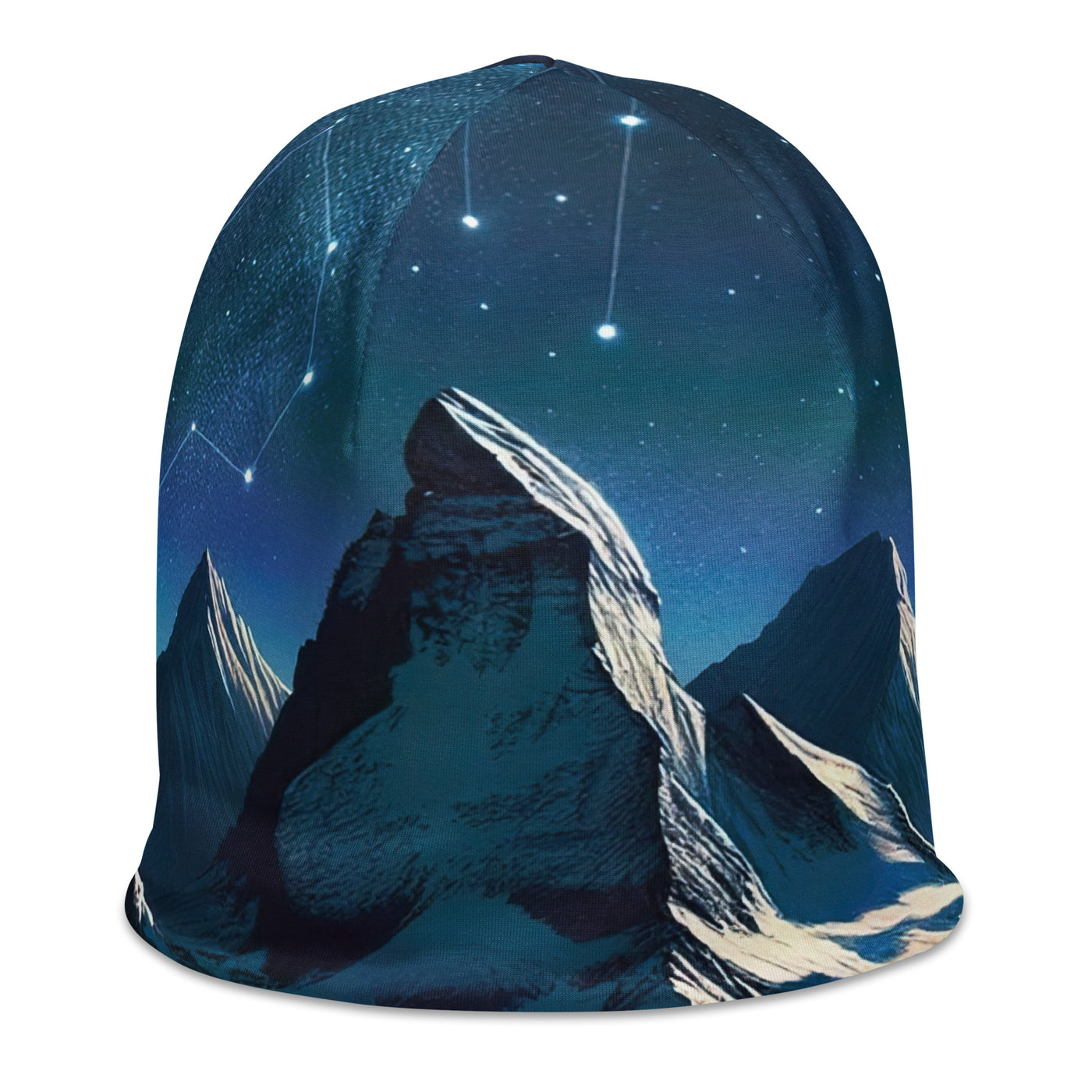 Alpenwinternacht: Digitale Kunst mit Wanderern in Bergen und Sternenhimmel - Beanie (All-Over Print) wandern xxx yyy zzz