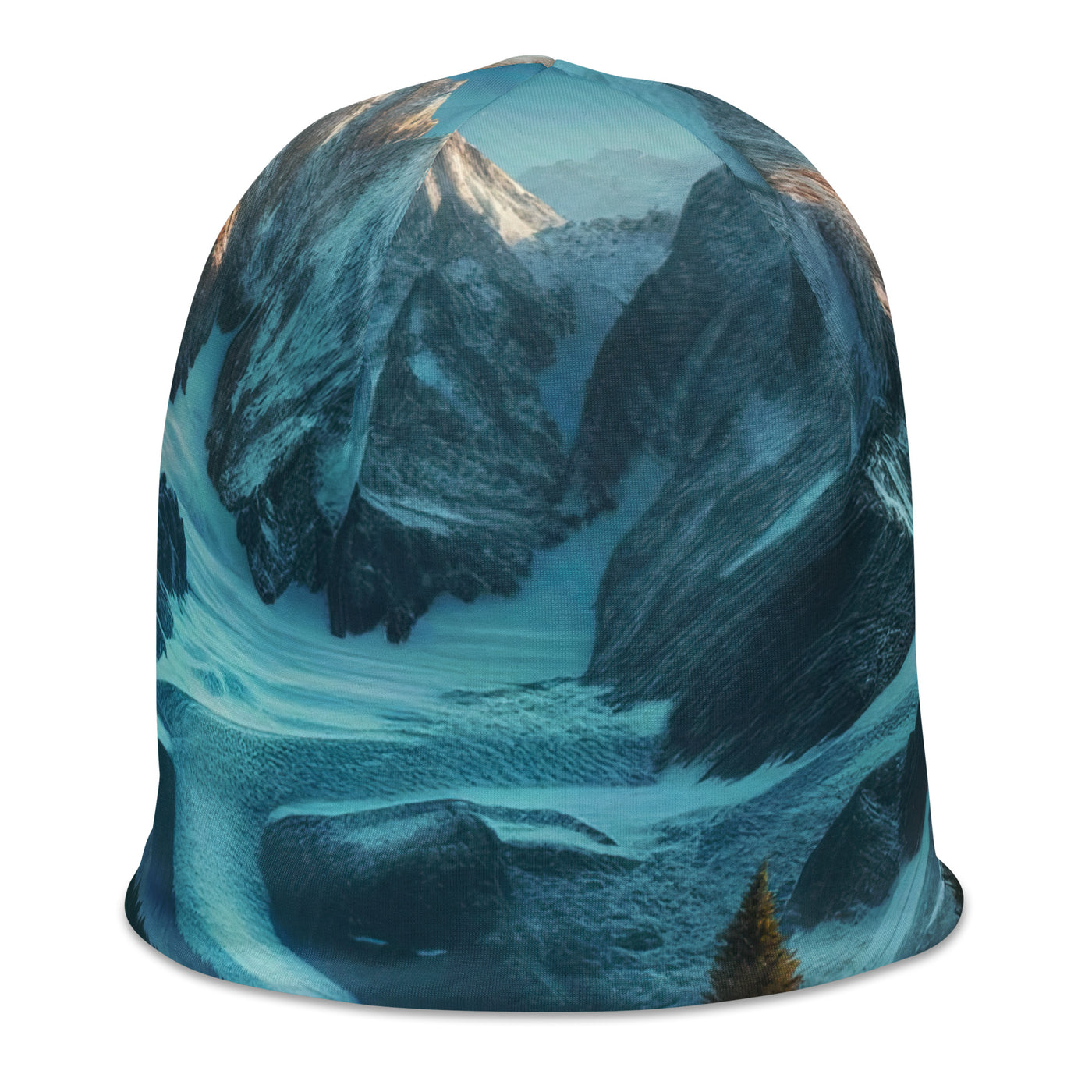 Stille Alpenmajestätik: Digitale Kunst mit Schnee und Bergsee-Spiegelung - Beanie (All-Over Print) berge xxx yyy zzz