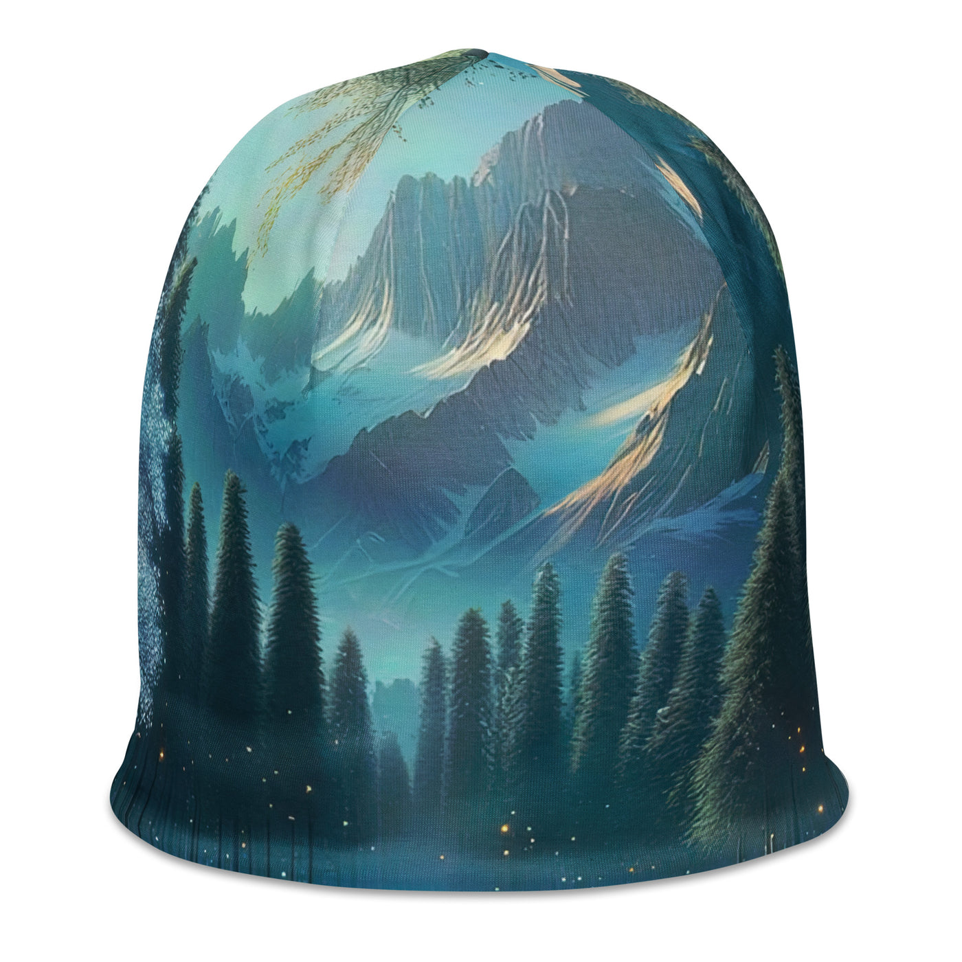 Ätherischer Alpenwald: Digitale Darstellung mit leuchtenden Bäumen und Blumen - Beanie (All-Over Print) camping xxx yyy zzz