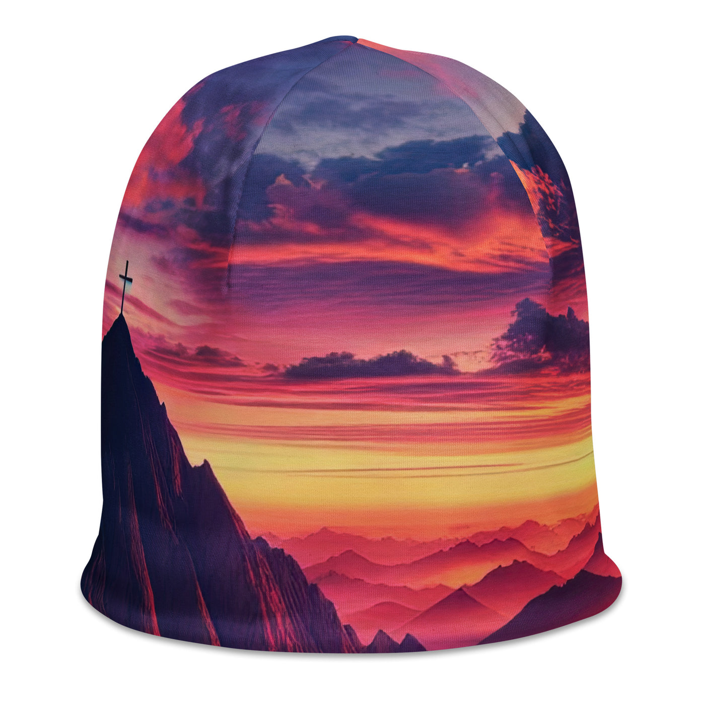 Dramatischer Alpen-Sonnenaufgang, Gipfelkreuz und warme Himmelsfarben - Beanie (All-Over Print) berge xxx yyy zzz