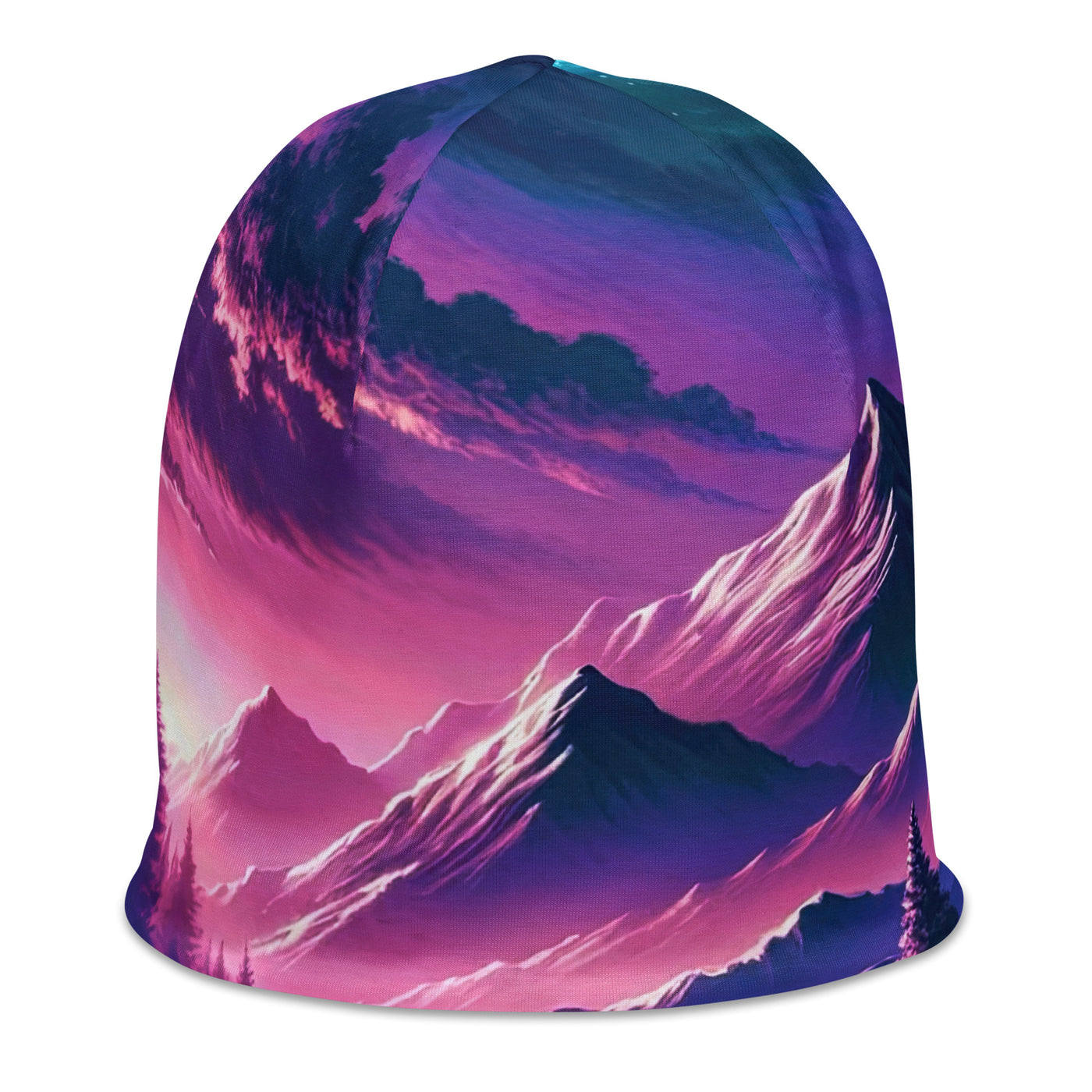 Magische Alpen-Dämmerung, rosa-lila Himmel und Bergsee mit Boot - Beanie (All-Over Print) berge xxx yyy zzz