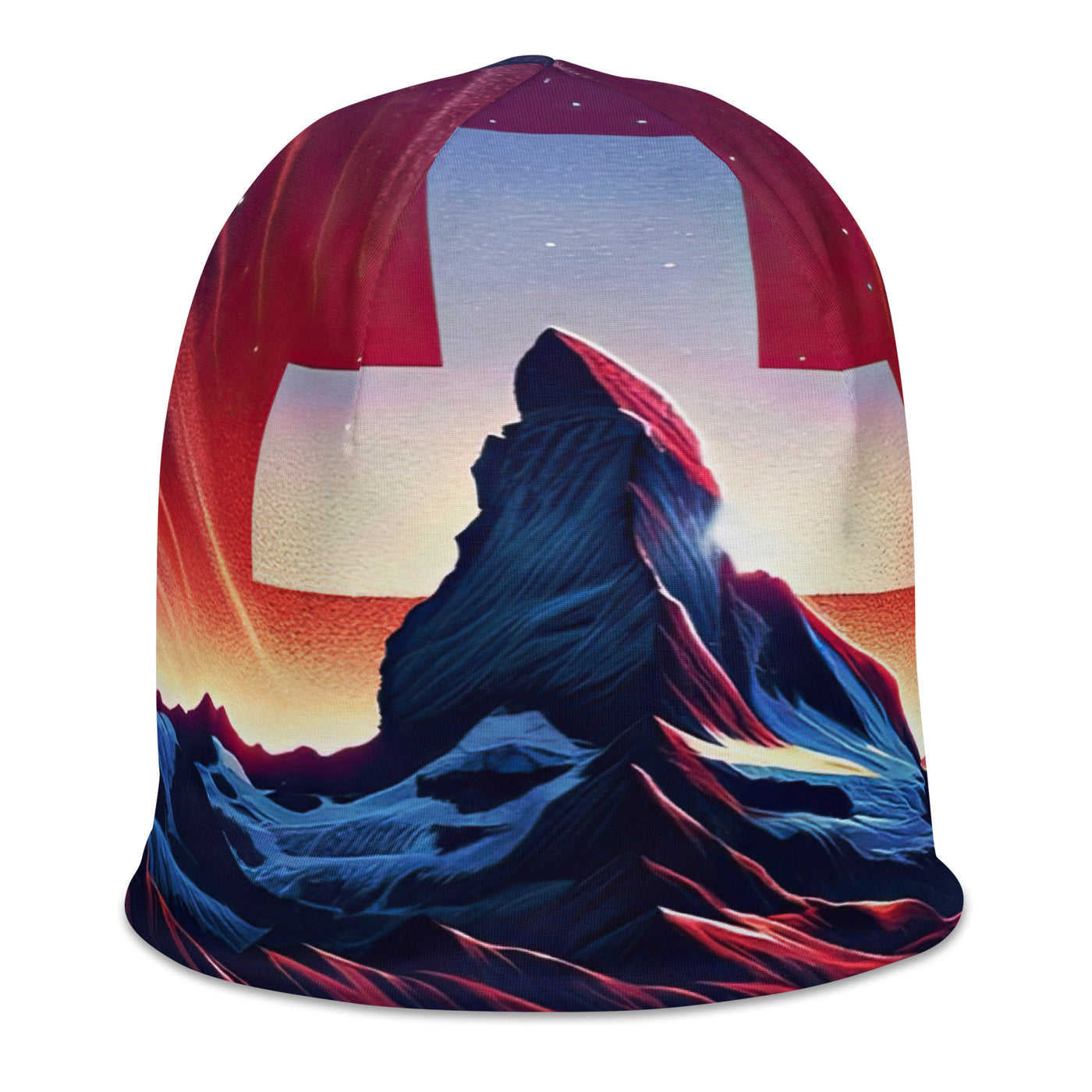 Alpenszene in Dämmerung mit Schweizer Flagge - Beanie (All-Over Print) berge xxx yyy zzz