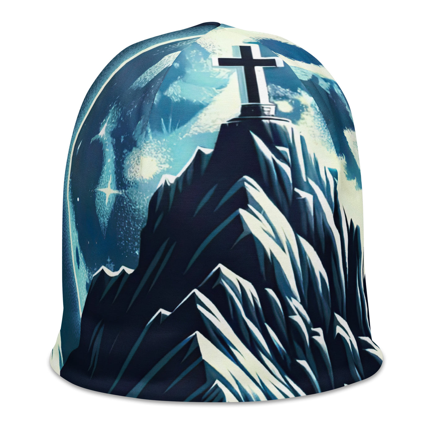 Mondnacht und Gipfelkreuz in den Alpen, glitzernde Schneegipfel - Beanie (All-Over Print) berge xxx yyy zzz