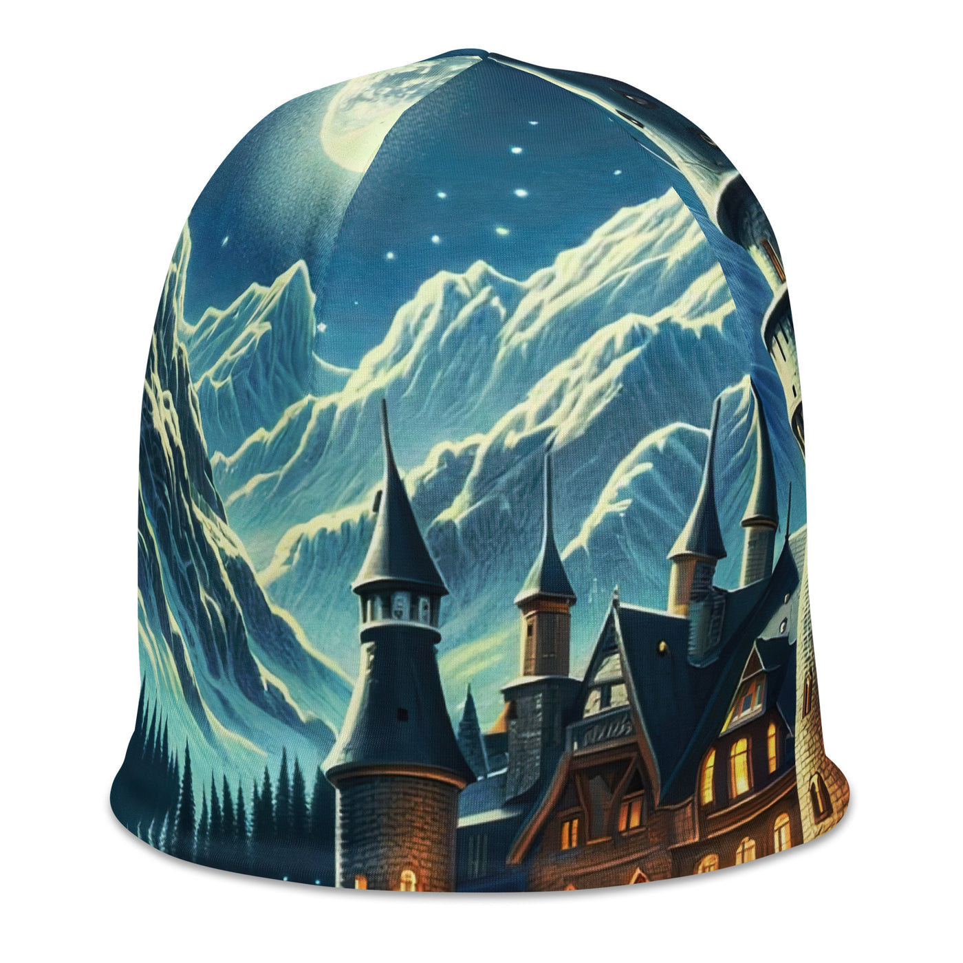 Mondhelle Schlossnacht in den Alpen, sternenklarer Himmel - Beanie (All-Over Print) berge xxx yyy zzz