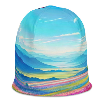 Weitläufiges Blumenfeld unter himmelblauem Himmel, leuchtende Flora - Beanie (All-Over Print) camping xxx yyy zzz