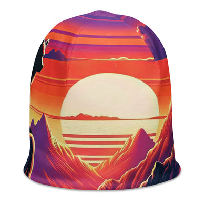 Alpen-Sonnenuntergang mit Bär auf Hügel, warmes Himmelsfarbenspiel - Beanie (All-Over Print) camping xxx yyy zzz