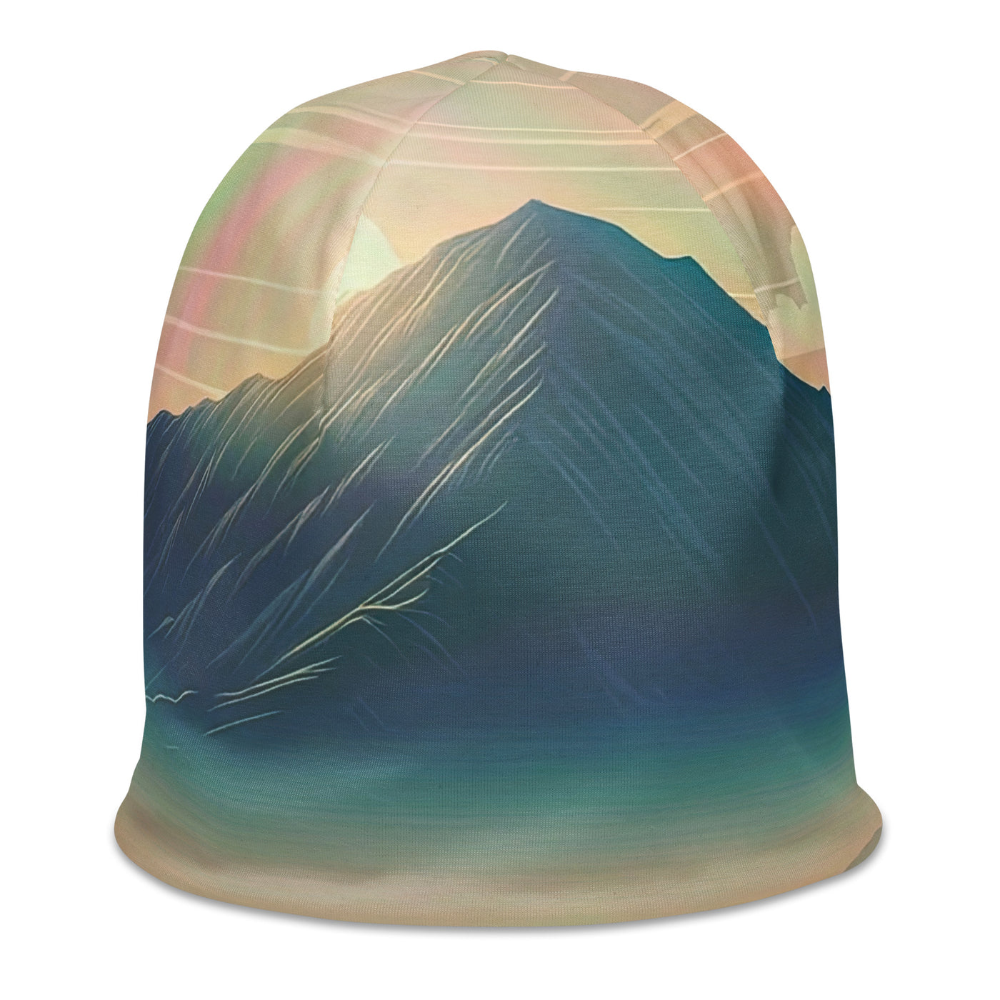 Bergszene bei Morgendämmerung, erste Sonnenstrahlen auf Bergrücken - Beanie (All-Over Print) berge xxx yyy zzz