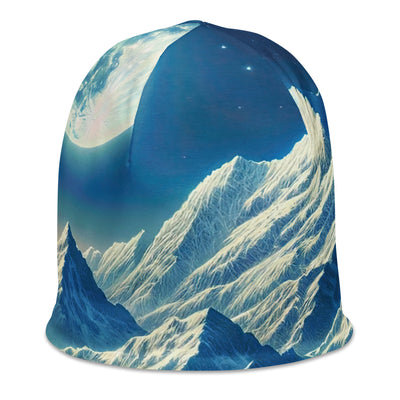 Klare frühlingshafte Alpennacht mit Blumen und Vollmond über Schneegipfeln - Beanie (All-Over Print) berge xxx yyy zzz