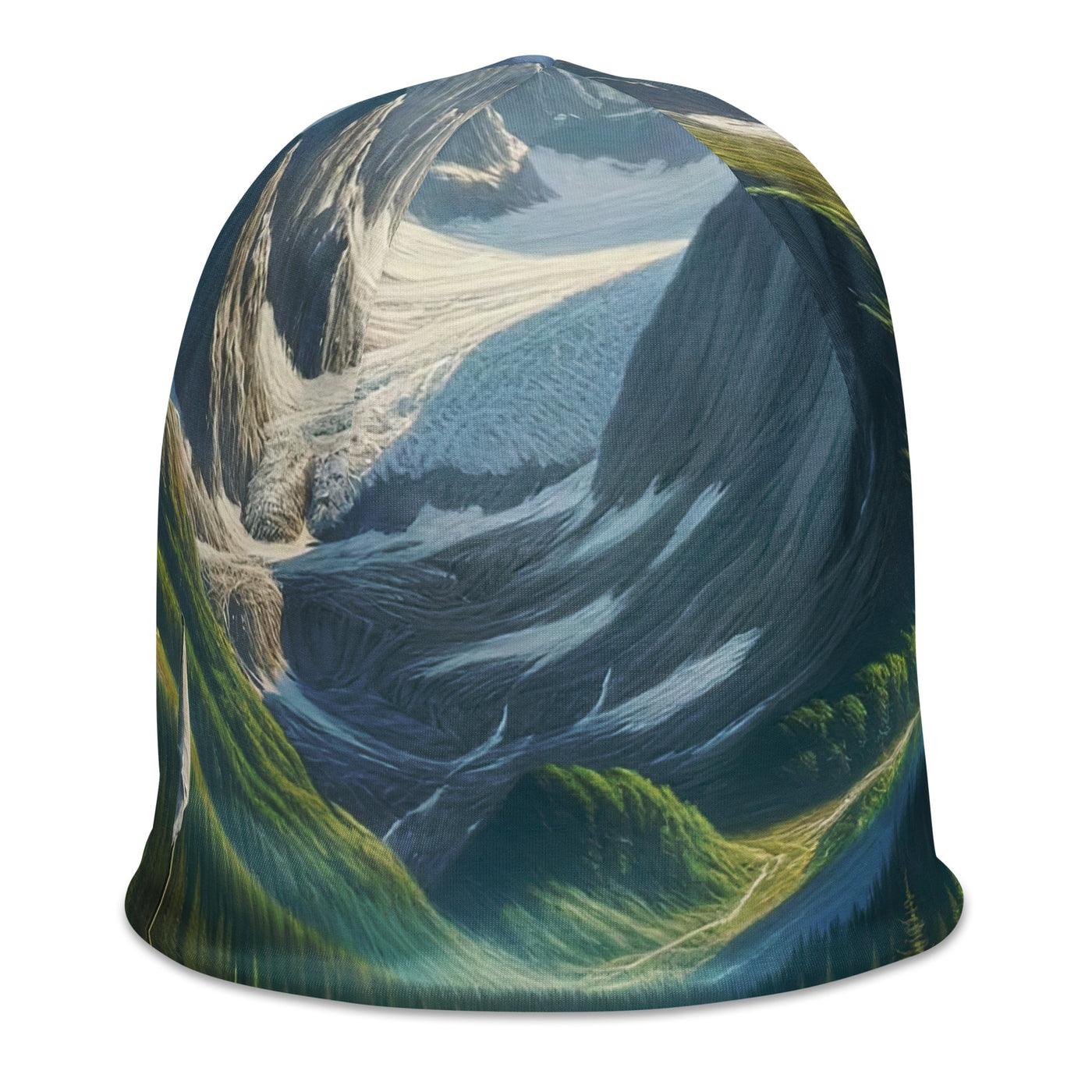 Ölgemälde der Alpensommerlandschaft mit Zelt, Gipfeln, Wäldern und Bächen - Beanie (All-Over Print) camping xxx yyy zzz