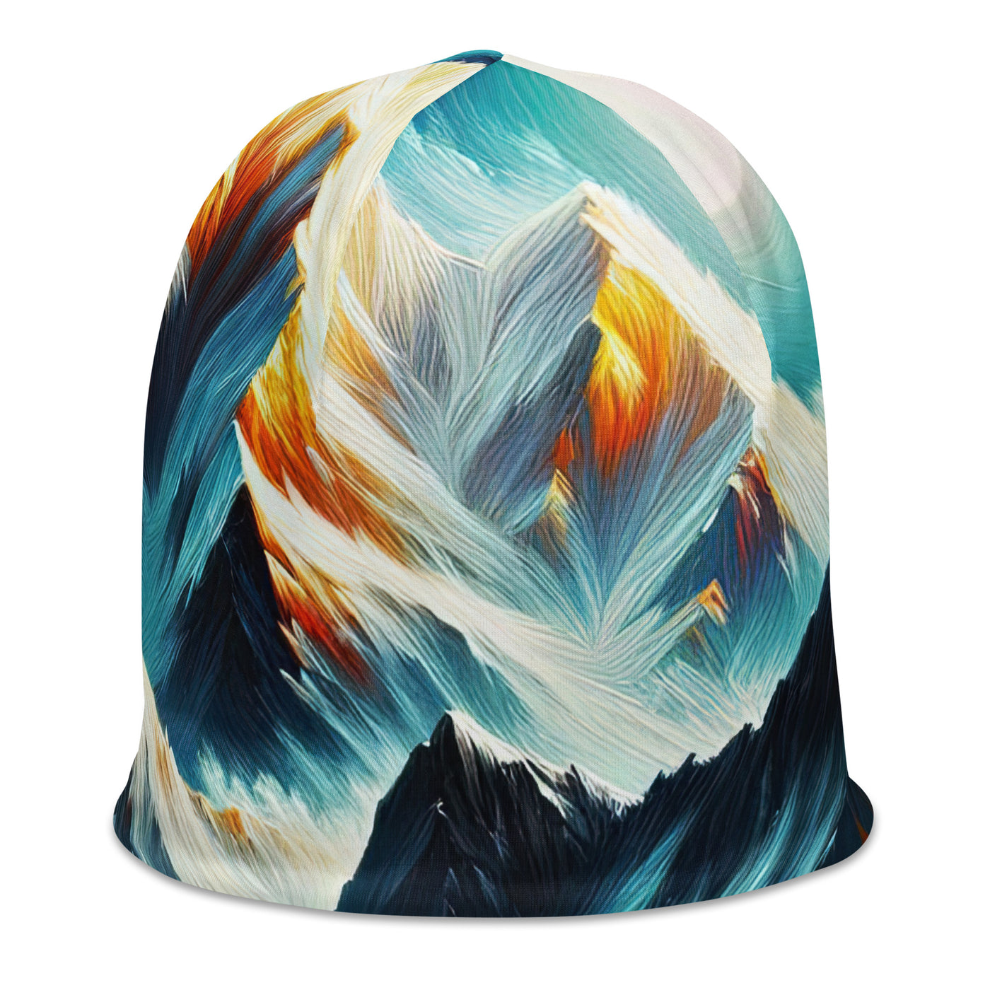 Ölgemälde von Feuer und Eis: Lagerfeuer und Alpen im Kontrast, warme Flammen - Beanie (All-Over Print) camping xxx yyy zzz