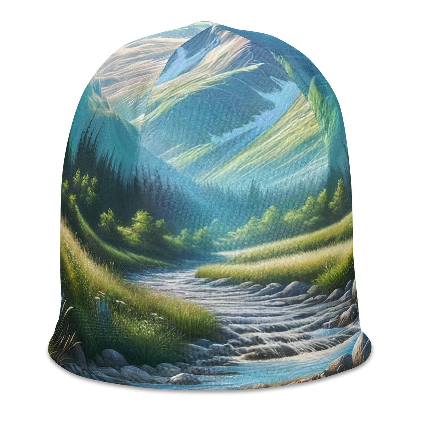 Sanfter Gebirgsbach in Ölgemälde, klares Wasser über glatten Felsen - Beanie (All-Over Print) berge xxx yyy zzz