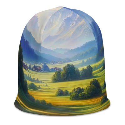 Ölgemälde einer Almwiese, Meer aus Wildblumen in Gelb- und Lilatönen - Beanie (All-Over Print) berge xxx yyy zzz