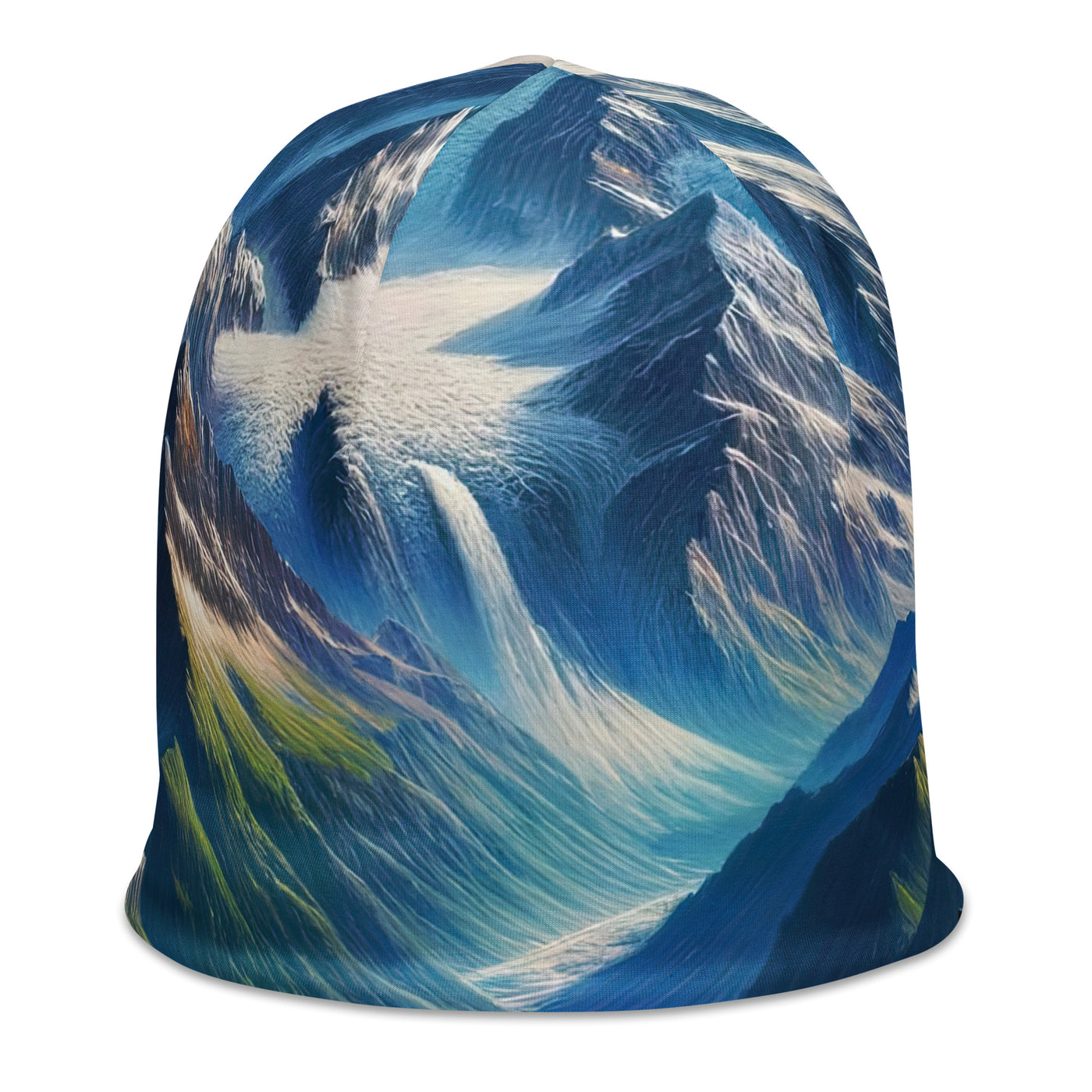 Panorama-Ölgemälde der Alpen mit schneebedeckten Gipfeln und schlängelnden Flusstälern - Beanie (All-Over Print) berge xxx yyy zzz