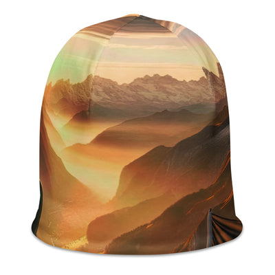 Foto der Alpen bei Sonnenuntergang mit deutscher Flagge und Wanderer, goldenes Licht auf Schneegipfeln - Beanie (All-Over Print) berge xxx yyy zzz