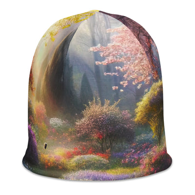 Foto einer Gartenszene im Frühling mit Weg durch blühende Rosen und Veilchen - Beanie (All-Over Print) camping xxx yyy zzz