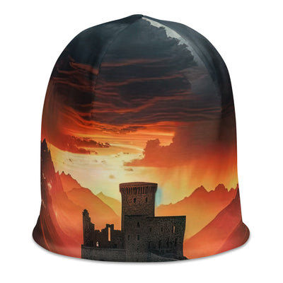 Foto einer Alpenburg bei stürmischem Sonnenuntergang, dramatische Wolken und Sonnenstrahlen - Beanie (All-Over Print) berge xxx yyy zzz