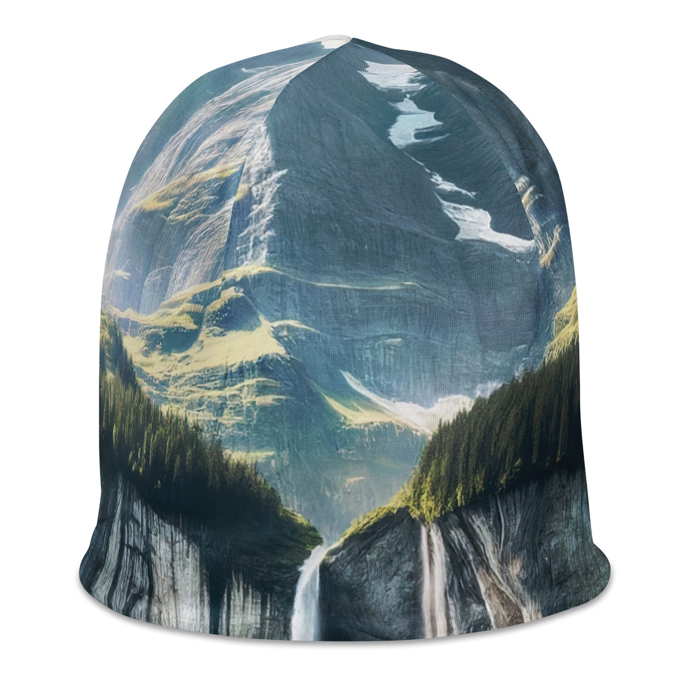 Foto der sommerlichen Alpen mit üppigen Gipfeln und Wasserfall - Beanie (All-Over Print) berge xxx yyy zzz