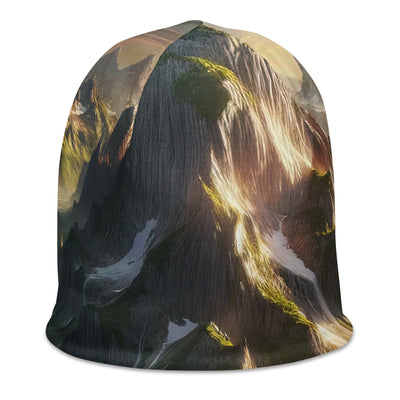 Fotorealistisches Bild der Alpen mit österreichischer Flagge, scharfen Gipfeln und grünen Tälern - Beanie (All-Over Print) berge xxx yyy zzz