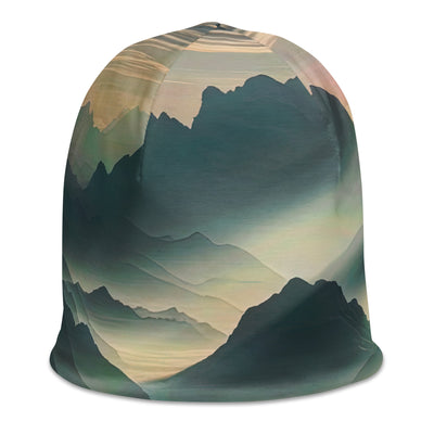 Foto der Alpen im Morgennebel, majestätische Gipfel ragen aus dem Nebel - Beanie (All-Over Print) berge xxx yyy zzz