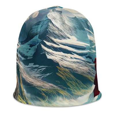 Ultraepische, fotorealistische Darstellung der Schweizer Alpenlandschaft mit Schweizer Flagge - Beanie (All-Over Print) berge xxx yyy zzz