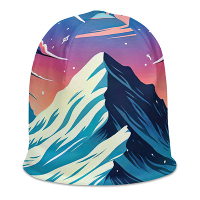 Vektorgrafik eines alpinen Winterwunderlandes mit schneebedeckten Kiefern und einem Fuchs - Beanie (All-Over Print) camping xxx yyy zzz