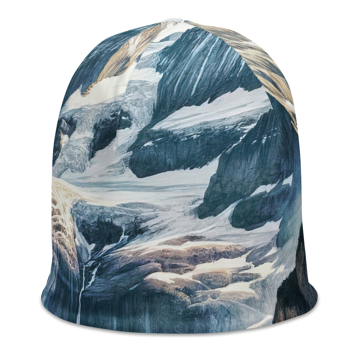 Aquarell-Panoramablick der Alpen mit schneebedeckten Gipfeln, Wasserfällen und Wanderern - Beanie (All-Over Print) wandern xxx yyy zzz