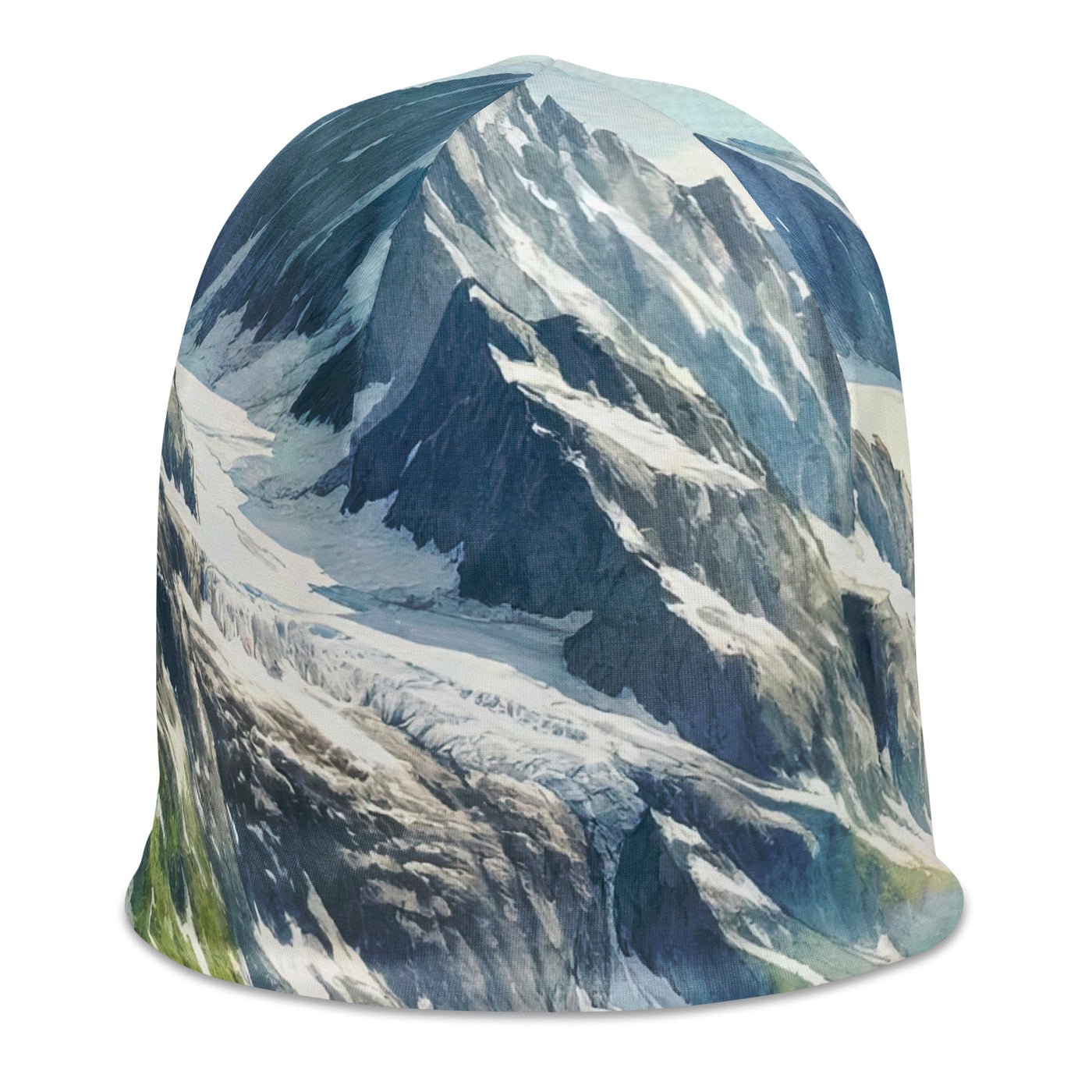 Aquarellmalerei eines Bären und der sommerlichen Alpenschönheit mit schneebedeckten Ketten - Beanie (All-Over Print) camping xxx yyy zzz