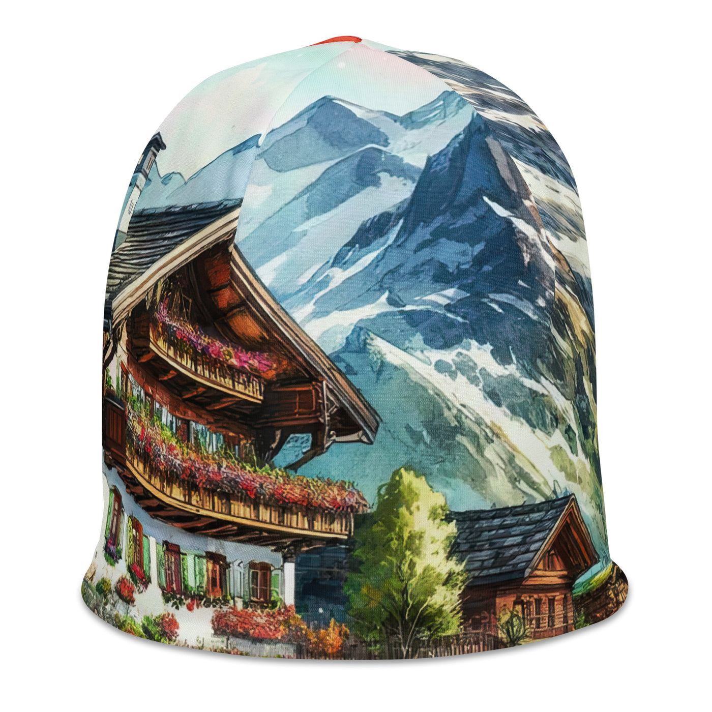 Aquarell der frühlingshaften Alpenkette mit österreichischer Flagge und schmelzendem Schnee - Beanie (All-Over Print) berge xxx yyy zzz